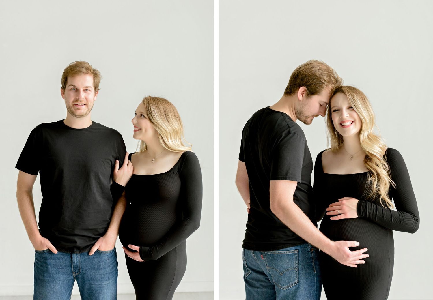 A couple in black outfits share sweet moments while posing for a maternity photoshoot against a light background.