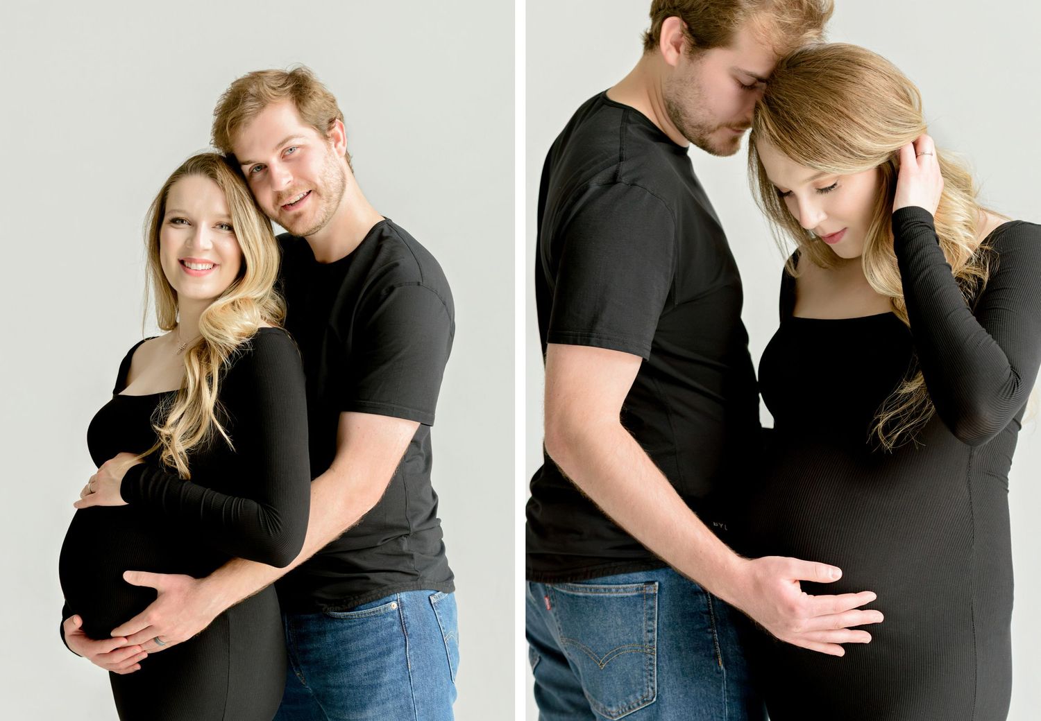 A side-by-side series of intimate maternity photos showing a couple embracing against a white backdrop.