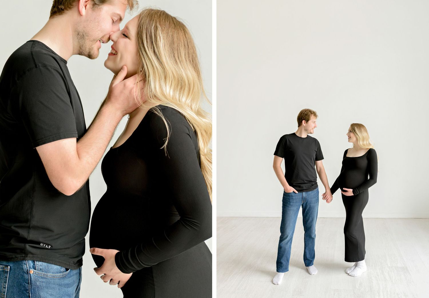 A series of romantic maternity photo poses with a couple in casual outfits against a white studio background.