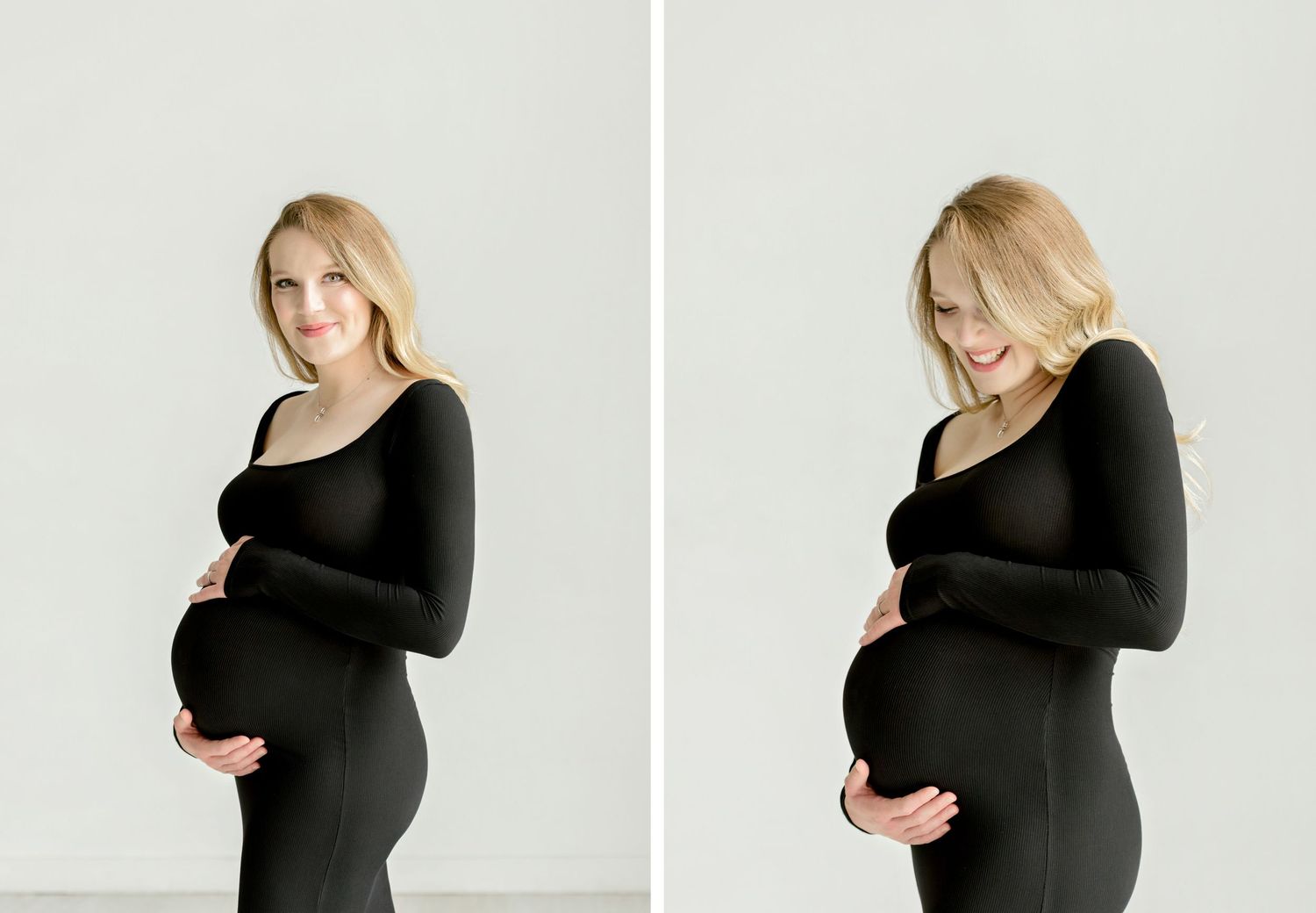 A maternity photoshoot progression showing a woman in a black dress posing from different angles against a light backdrop.