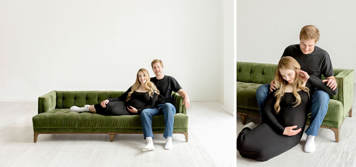 Person lounging comfortably on green sofa while using electronic device at home.