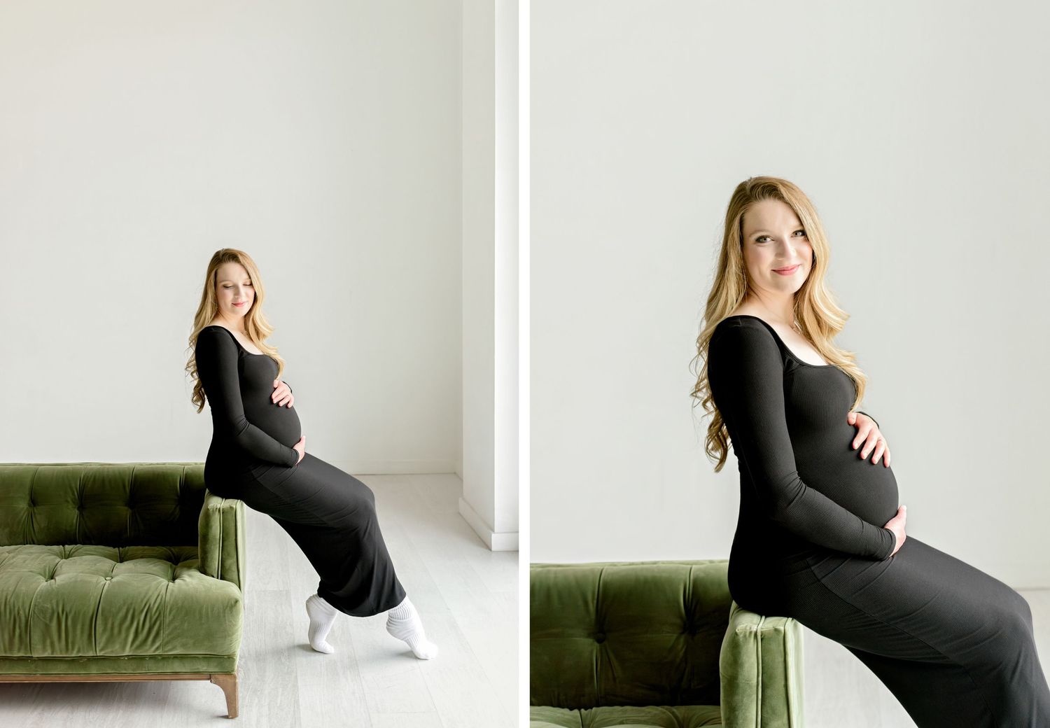 Nine maternity photos showcase a woman in a black form-fitting dress posing gracefully against a minimalist backdrop.