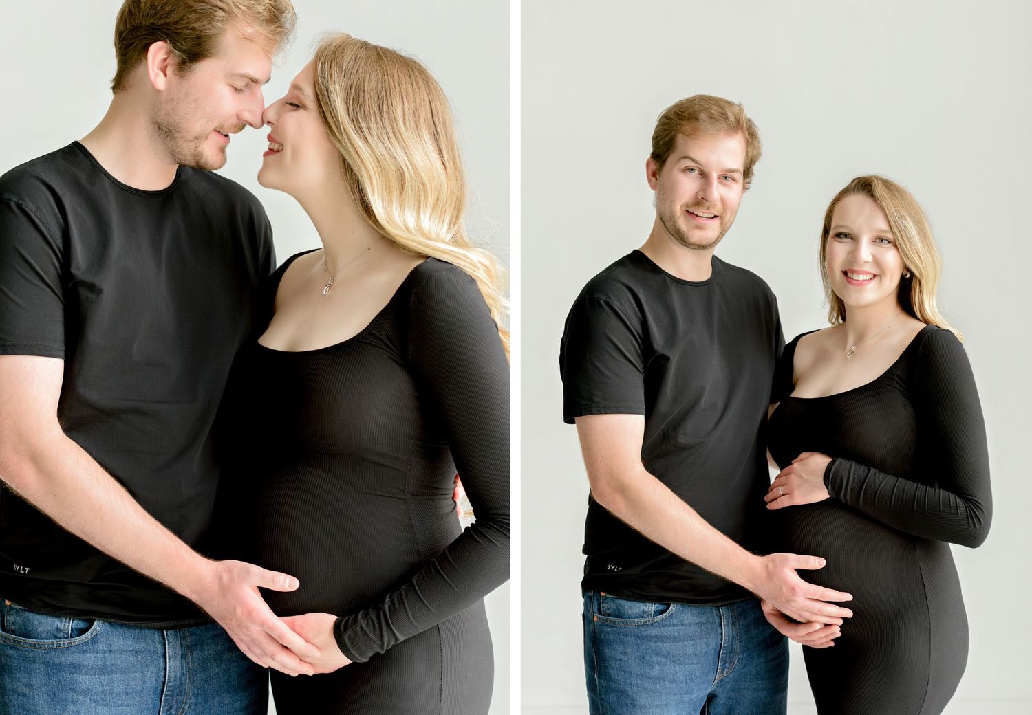 A couple in black shirts shares intimate moments while expecting a baby in a maternity photo session.