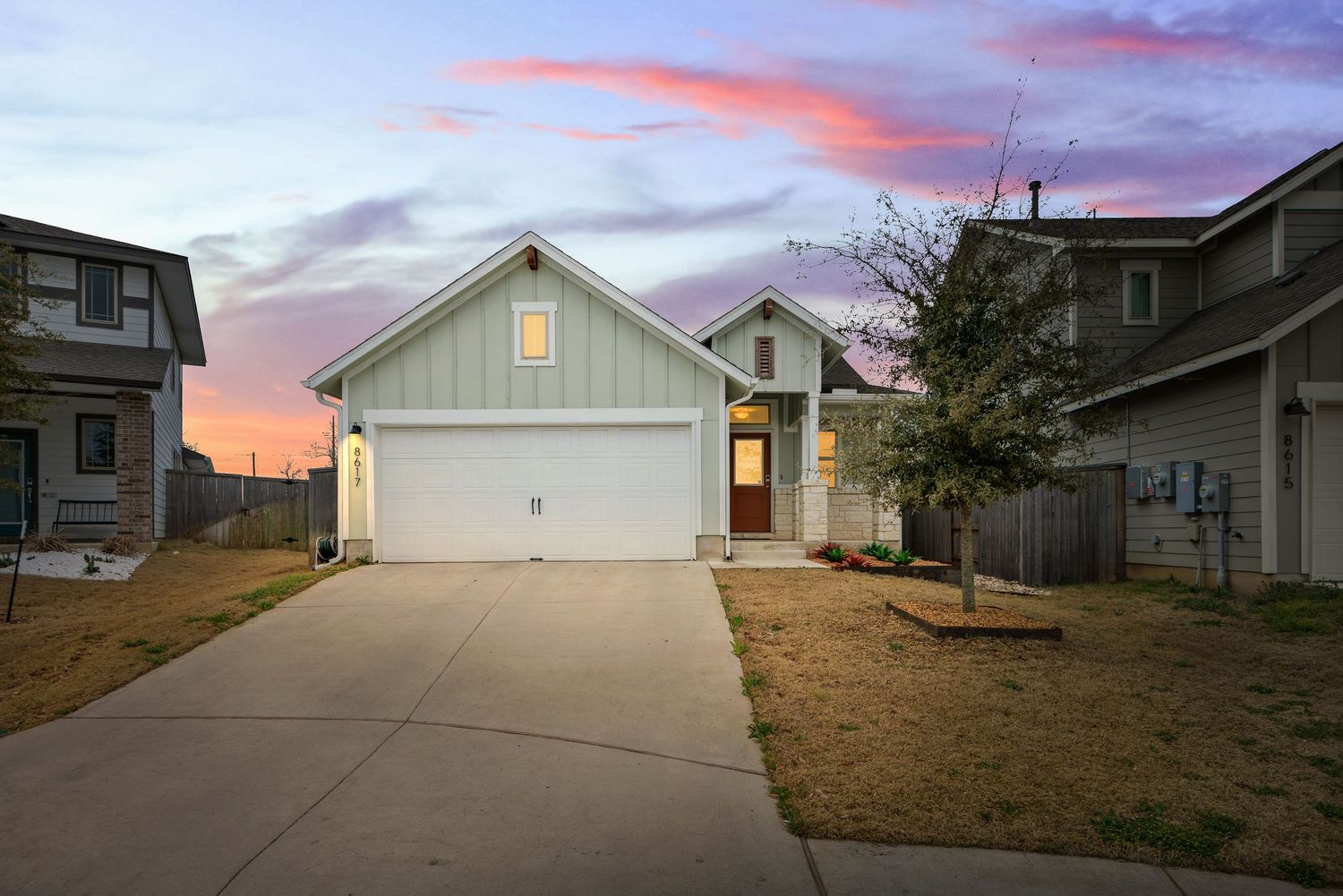 Sequence of six driveway photos showing different residential homes at dusk with colorful sunset skies in the background.