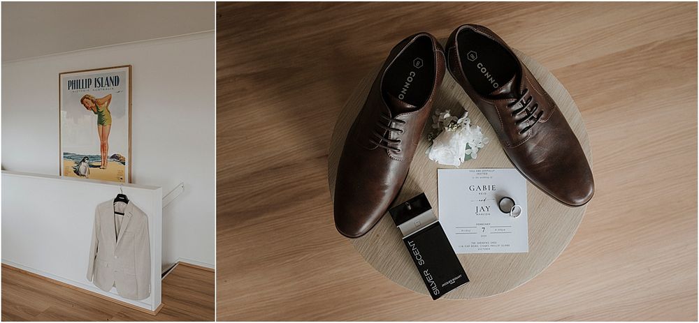 Wedding detail shot of brown leather dress shoes and accessories on wooden floor.