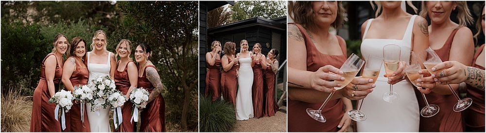 Bride with bridesmaids in burgundy dresses at outdoor wedding celebration.