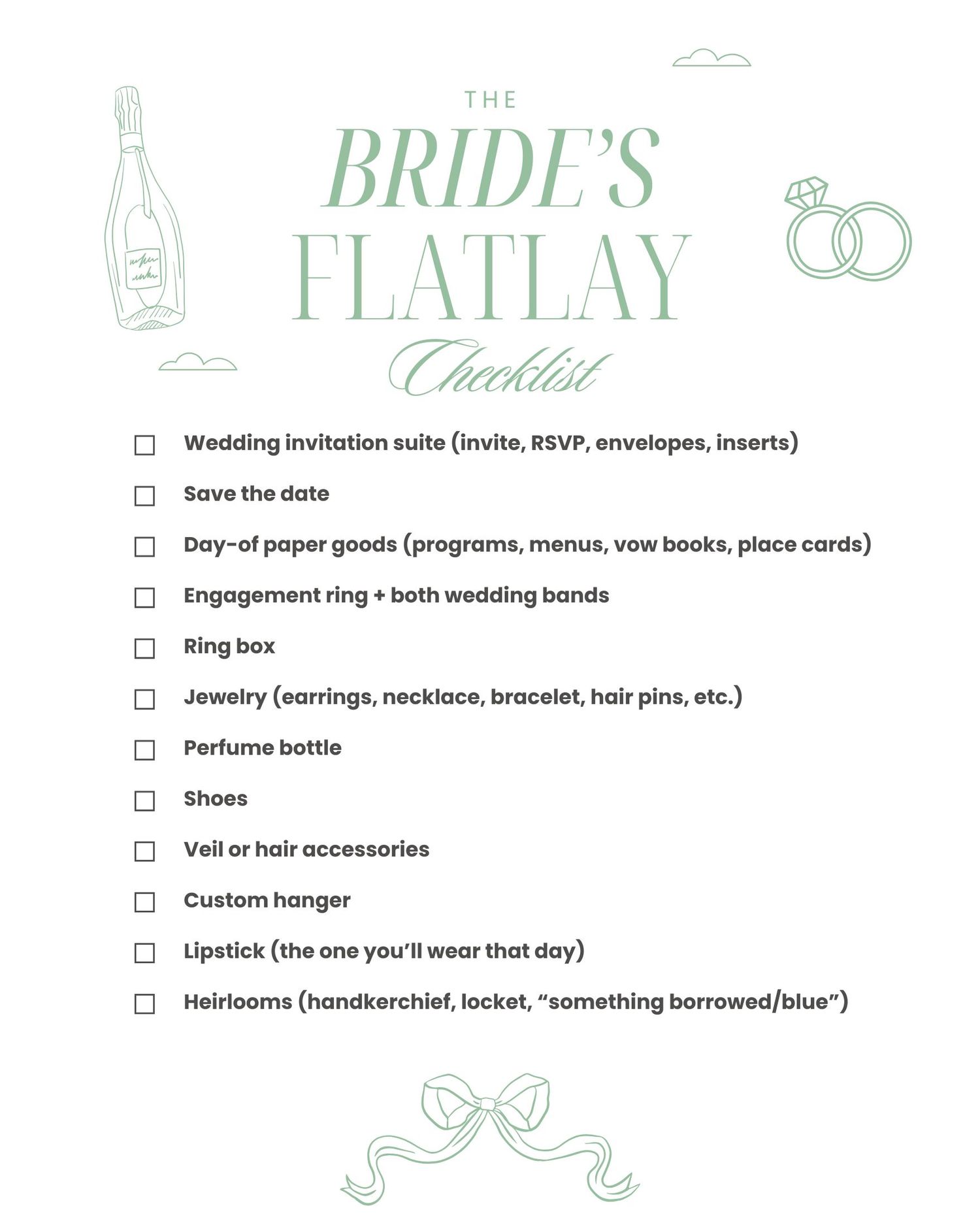 Wedding planning checklist with checkboxes and floral design elements in soft green color scheme.