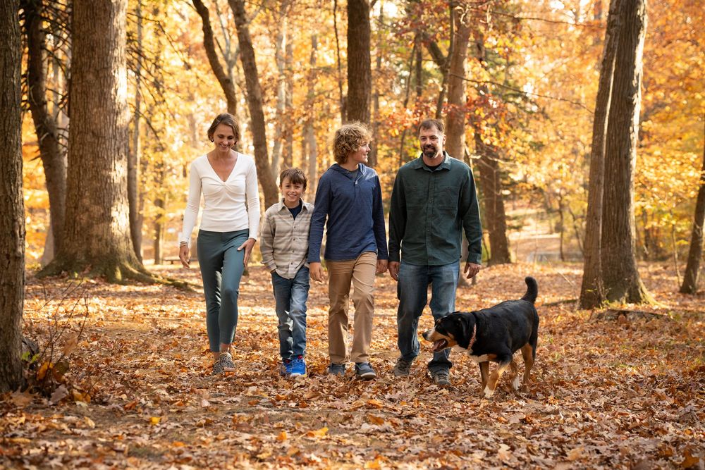 A family takes an autumn walk with their black dog on a path covered in fallen leaves through a wooded forest.