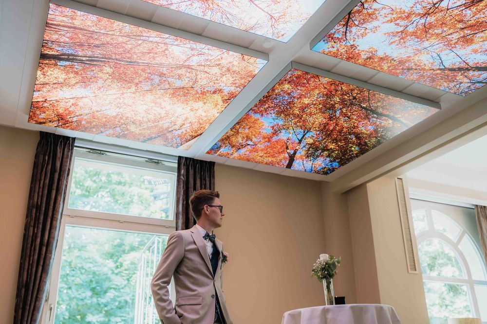 Interior room with glass ceiling showcasing autumn foliage views.