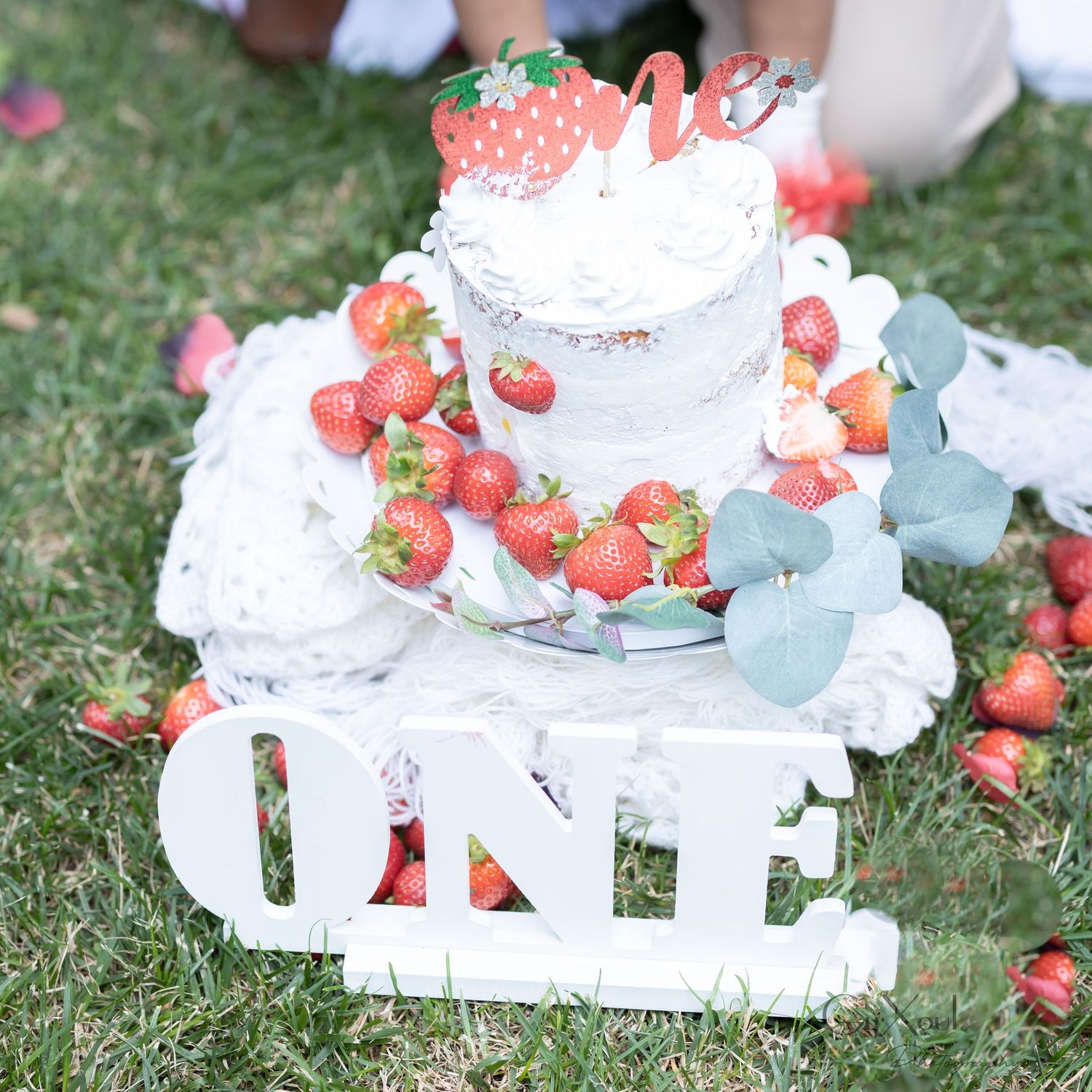 White decorative cake with fresh strawberries and eucalyptus leaves displayed on grass with ONE letter sign.