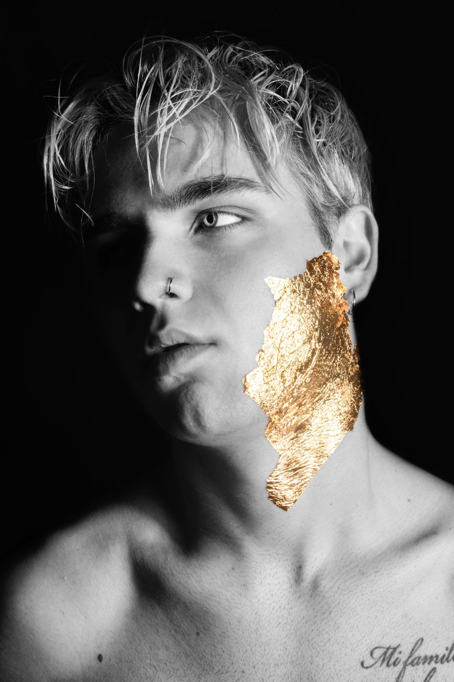 Artistic black and white portrait with gold leaf accent on face against dark background.