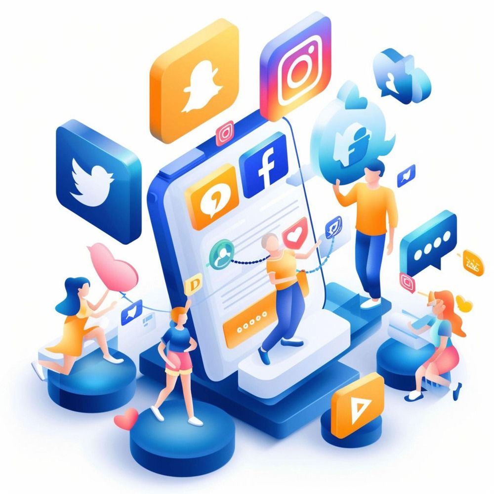 Isometric illustration of social media platforms with floating app icons and tiny people interacting.