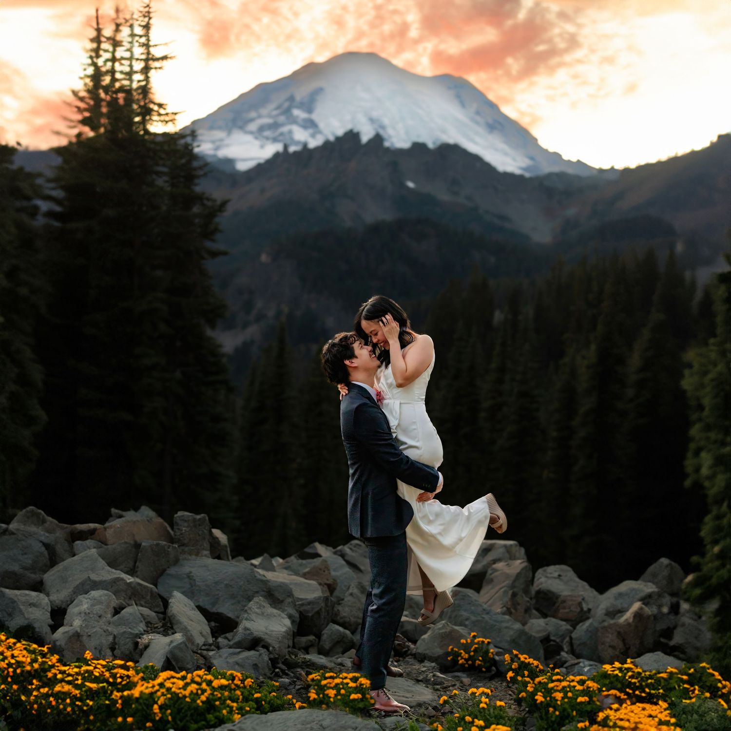 Couple Poised & perfect wedding picture in the golden hour glow at Mount Rainier. PNW wedding photography by Filling the Frame Photography