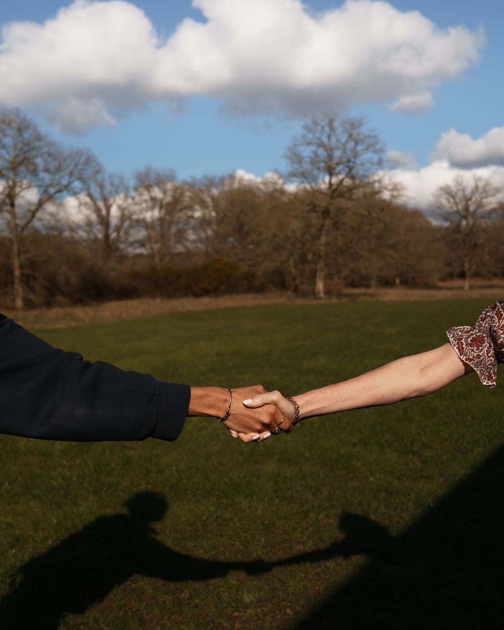 Two people holding hands in a sunny park with bare trees and blue sky in the background.