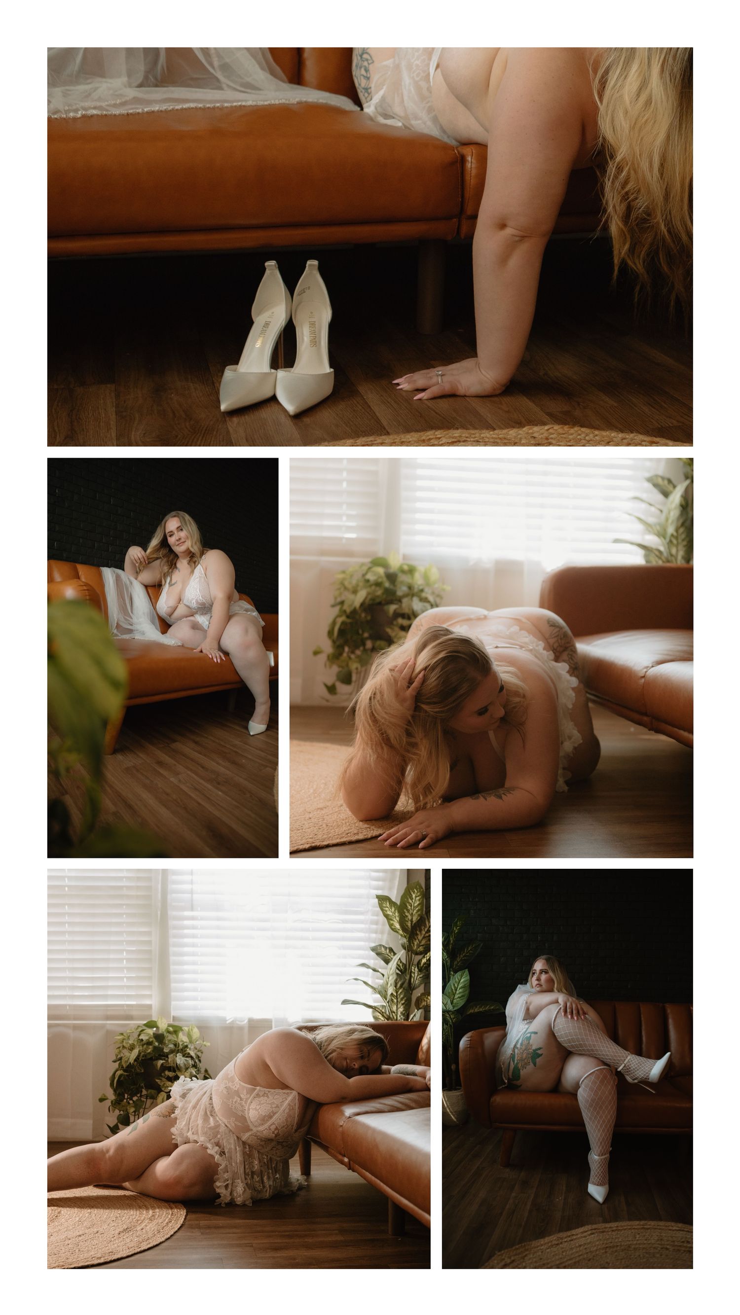 Six professionally edited images from a boudoir session in a private studio in Seguin, Tx of a beautifully confident plus size woman