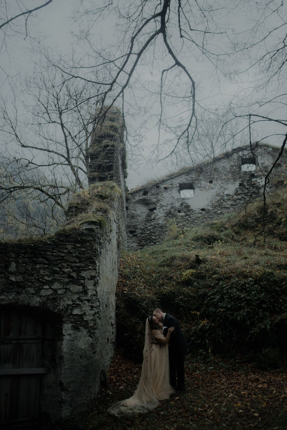 Atmospheric autumn scene with bare trees and stone wall in foggy weather.