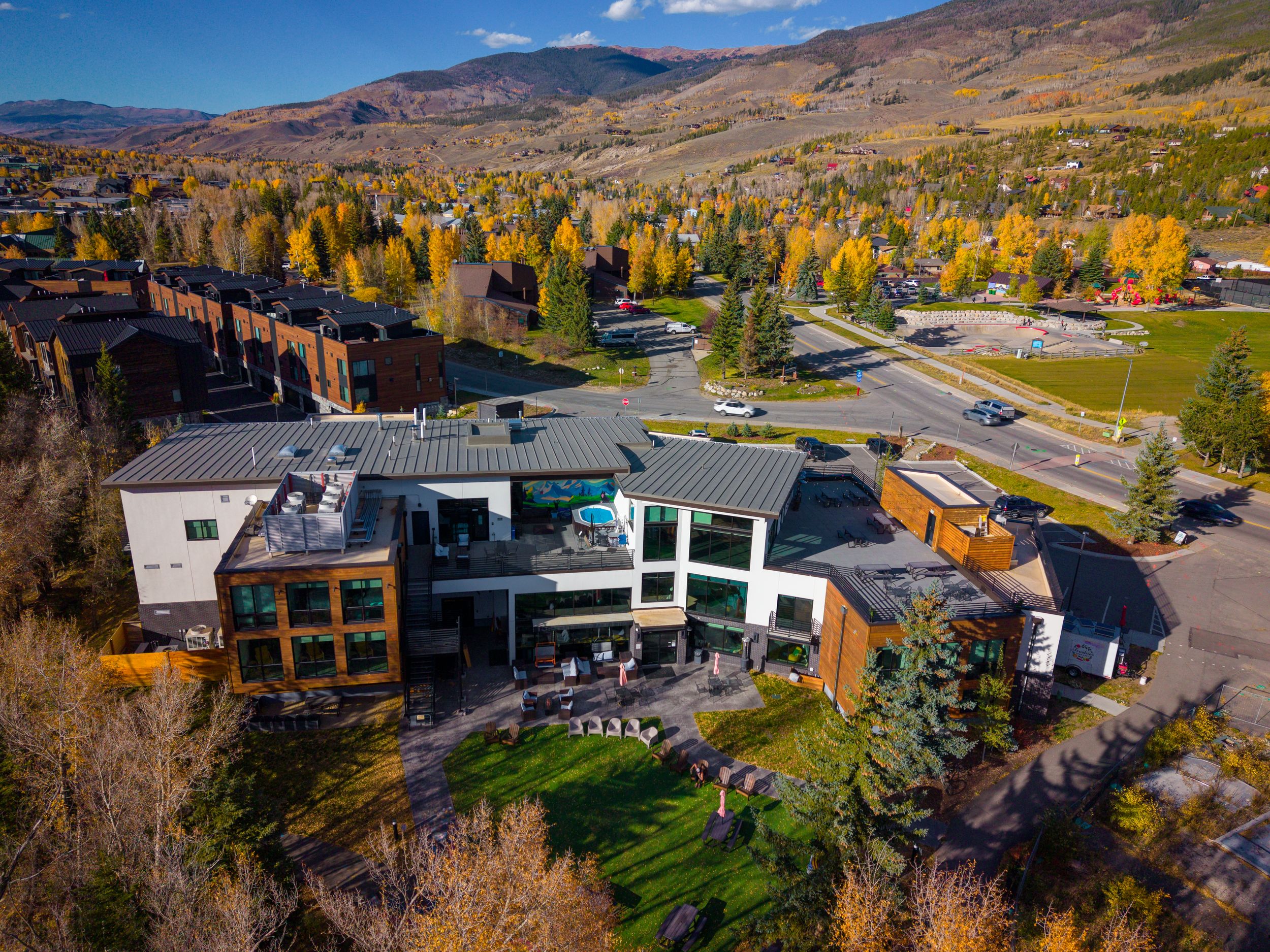 Aerial shot of The Block during the Fall by Denver Hospitality, Travel & Tourism photographer Captain Colorado Photography.