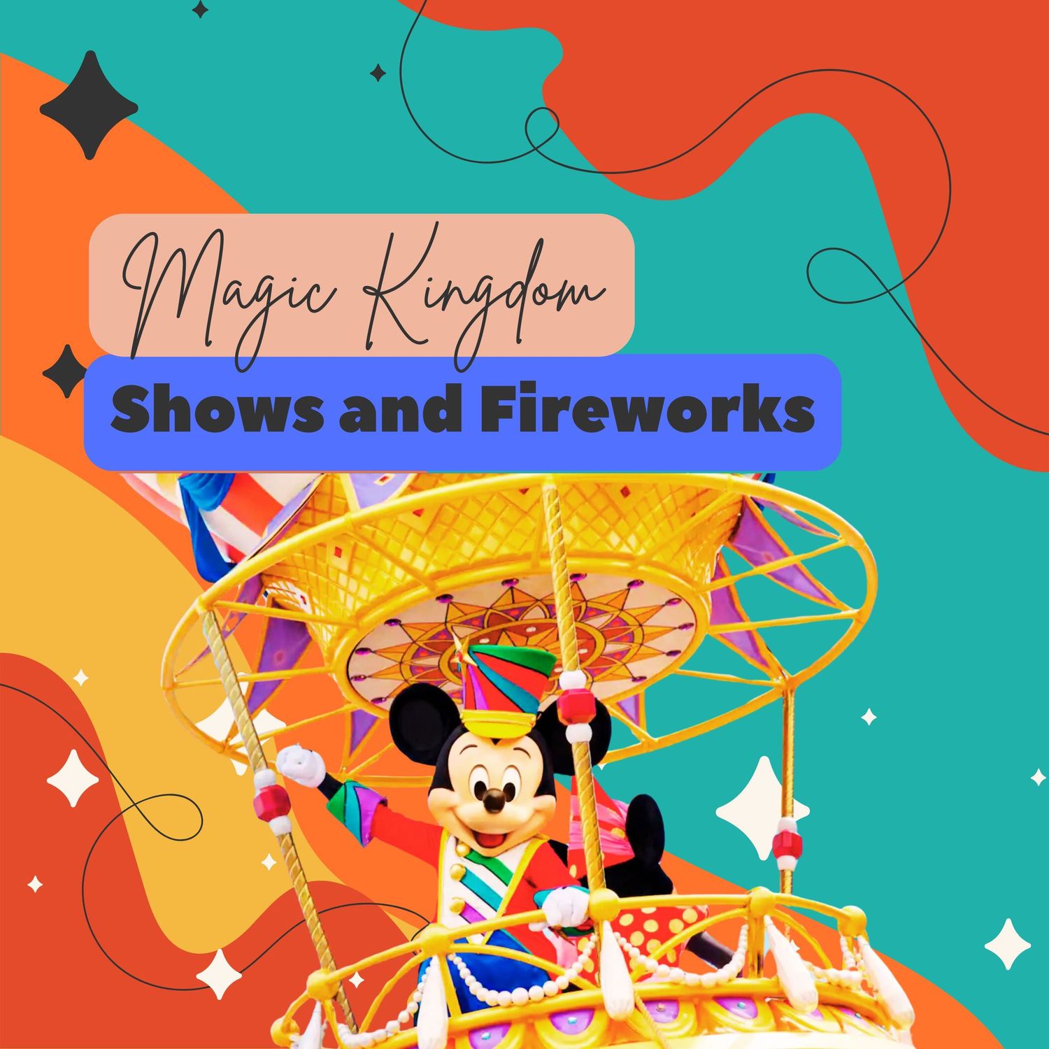 Colorful illustration of Mickey Mouse on an amusement park ride for Magic Kingdom Shows and Fireworks entertainment.