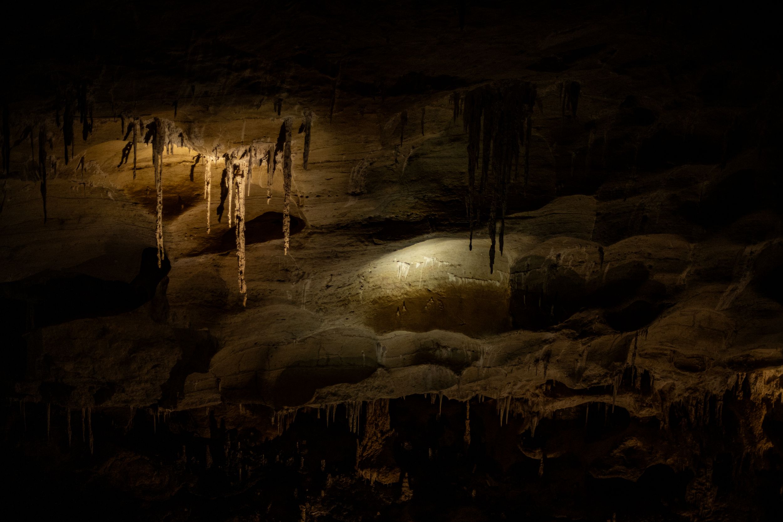 Illuminated cave interior showcasing stalactites and stalagmites with dramatic golden lighting highlighting mineral formations.