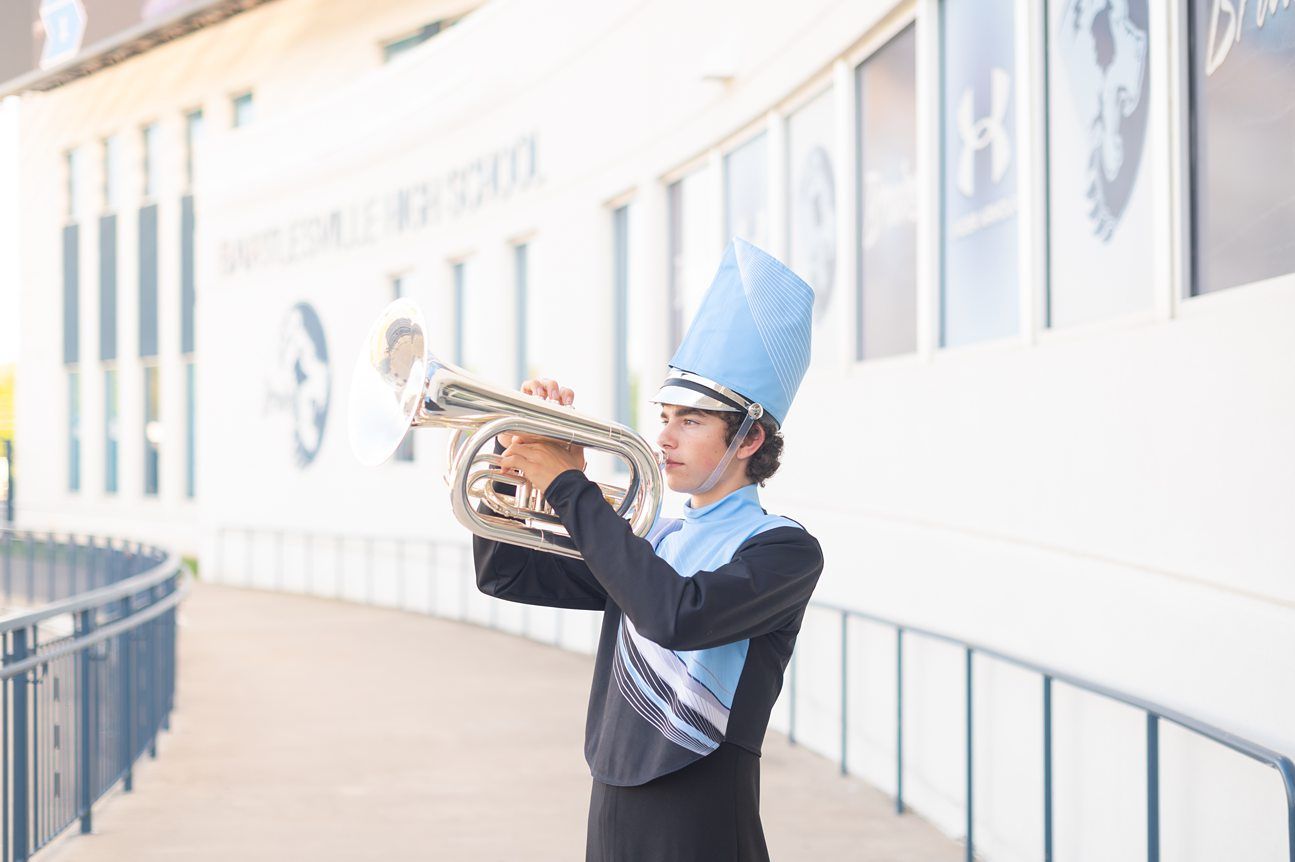Senior Guy with Band Instrument at Bartlesville High School BHS by Bartlesville Senior Photographer Kristi Bray Photography