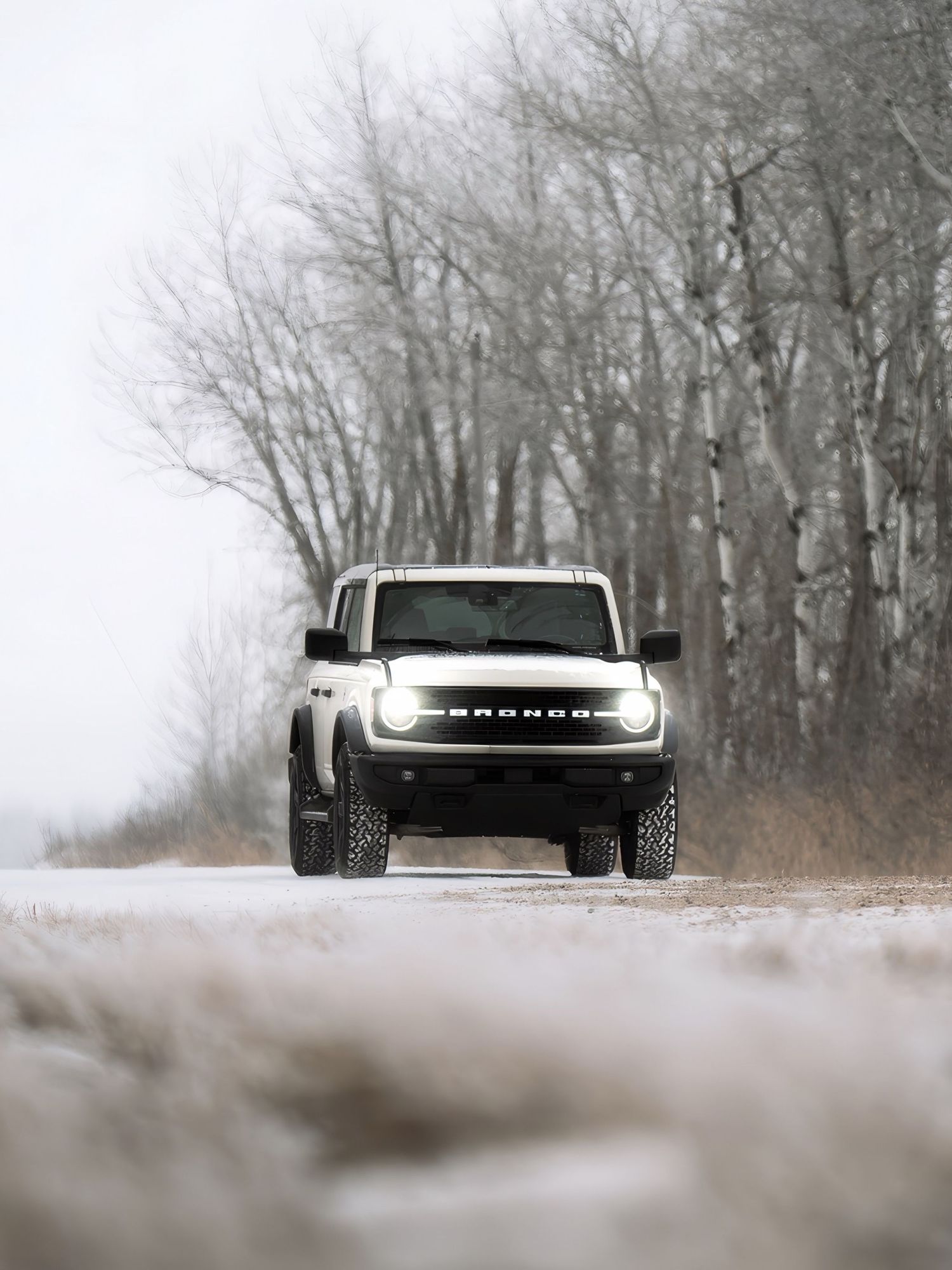 White Ford Bronco driving on a snowy winter road surrounded by bare trees in a foggy landscape.