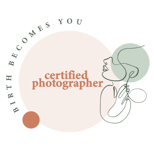 Birth Becomes You certified photographer badge with elegant line art woman and soft pastel circles.