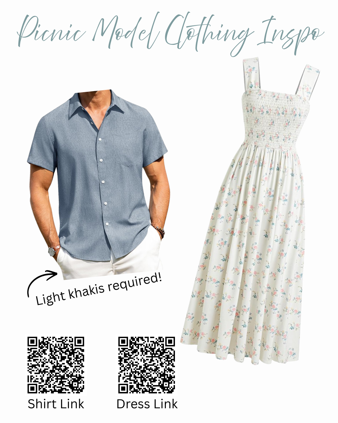 Picnic model clothing inspiration featuring a blue short-sleeve shirt with light khakis and a white floral sundress with QR code links.