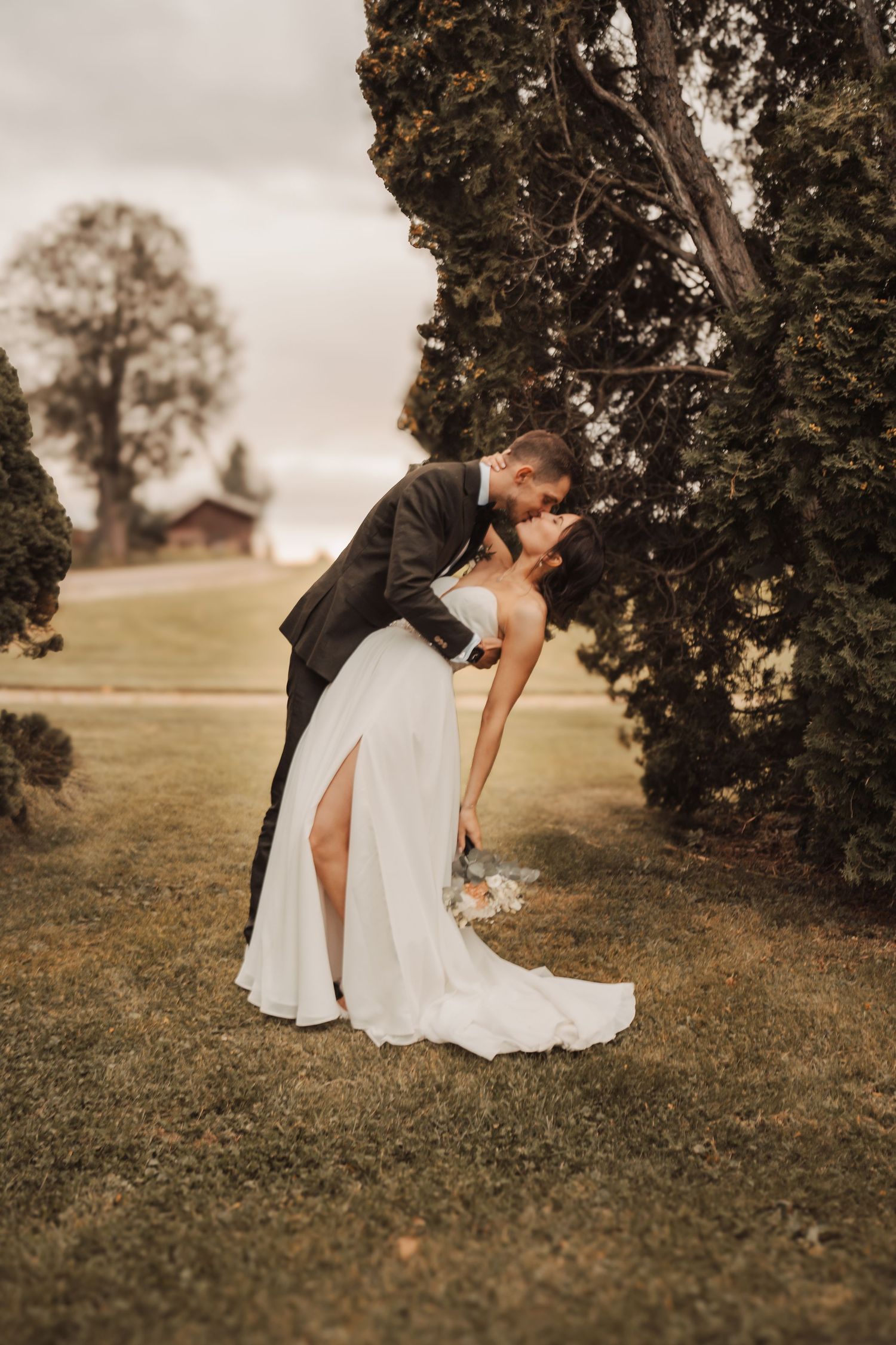 Bride and groom share a romantic dip kiss outdoors near lush evergreen trees on their wedding day.
