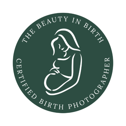 The Beauty in Birth certified birth photographer circular green logo badge.