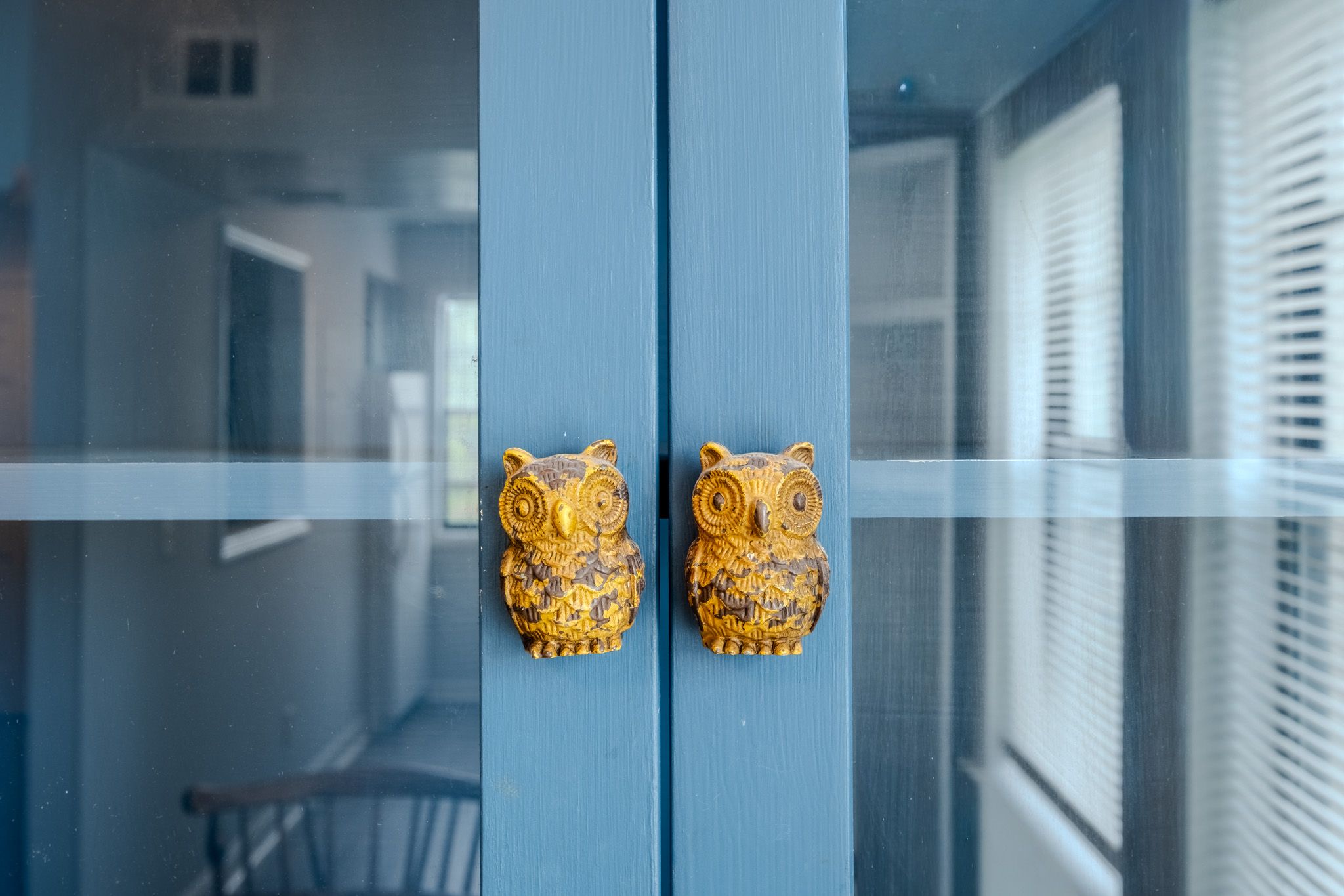 Blue cabinet doors with decorative golden owl-shaped handles, set against a bright interior background.