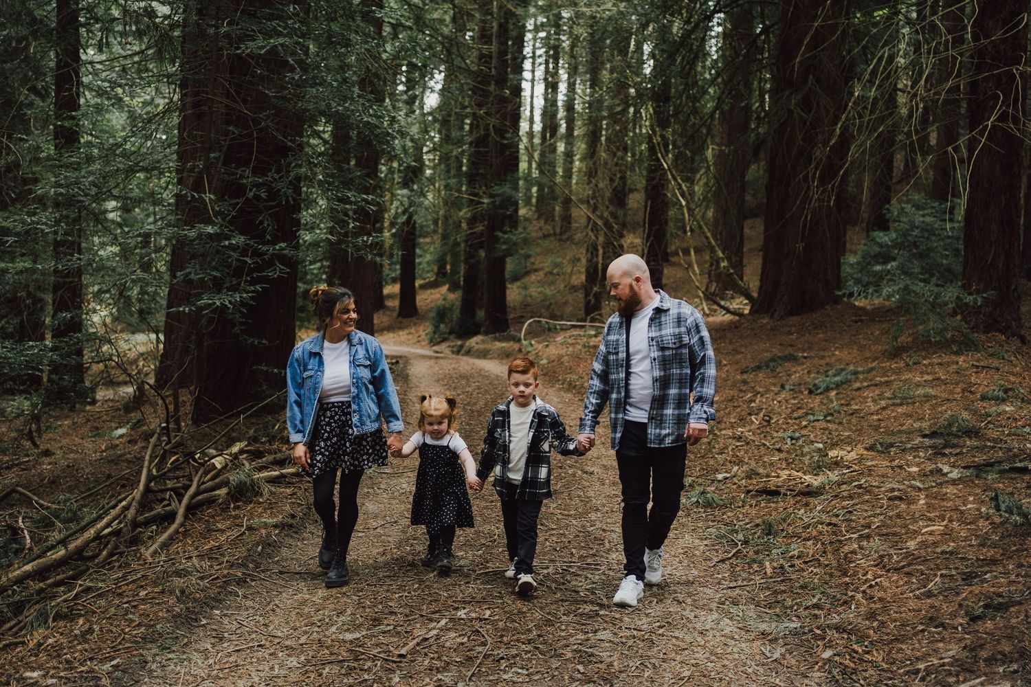 Family of four walking hand-in-hand on a forest trail surrounded by tall redwood trees.