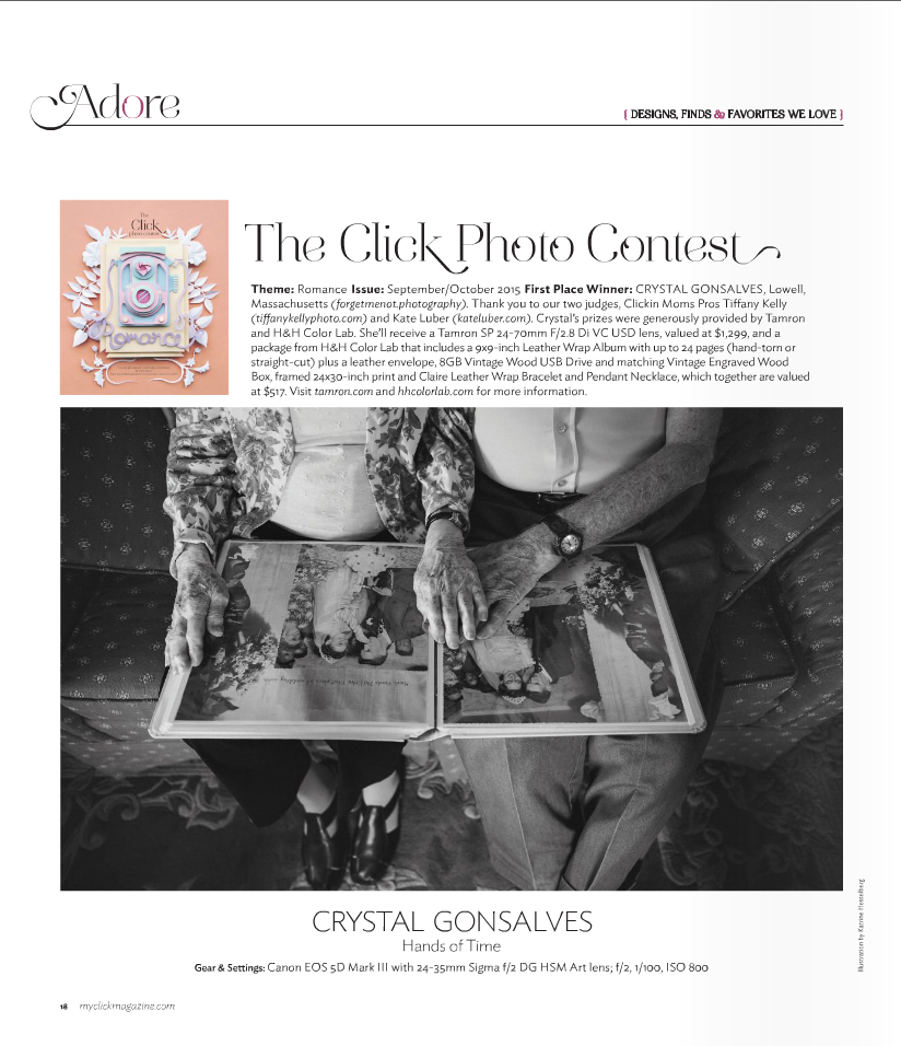 Crystal Gonsalves wins Click Photo Contest with artistic hands of time photography featured in Click Magazine.