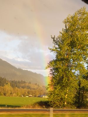 Rainbow appearing over a sunlit valley with trees and rolling hills