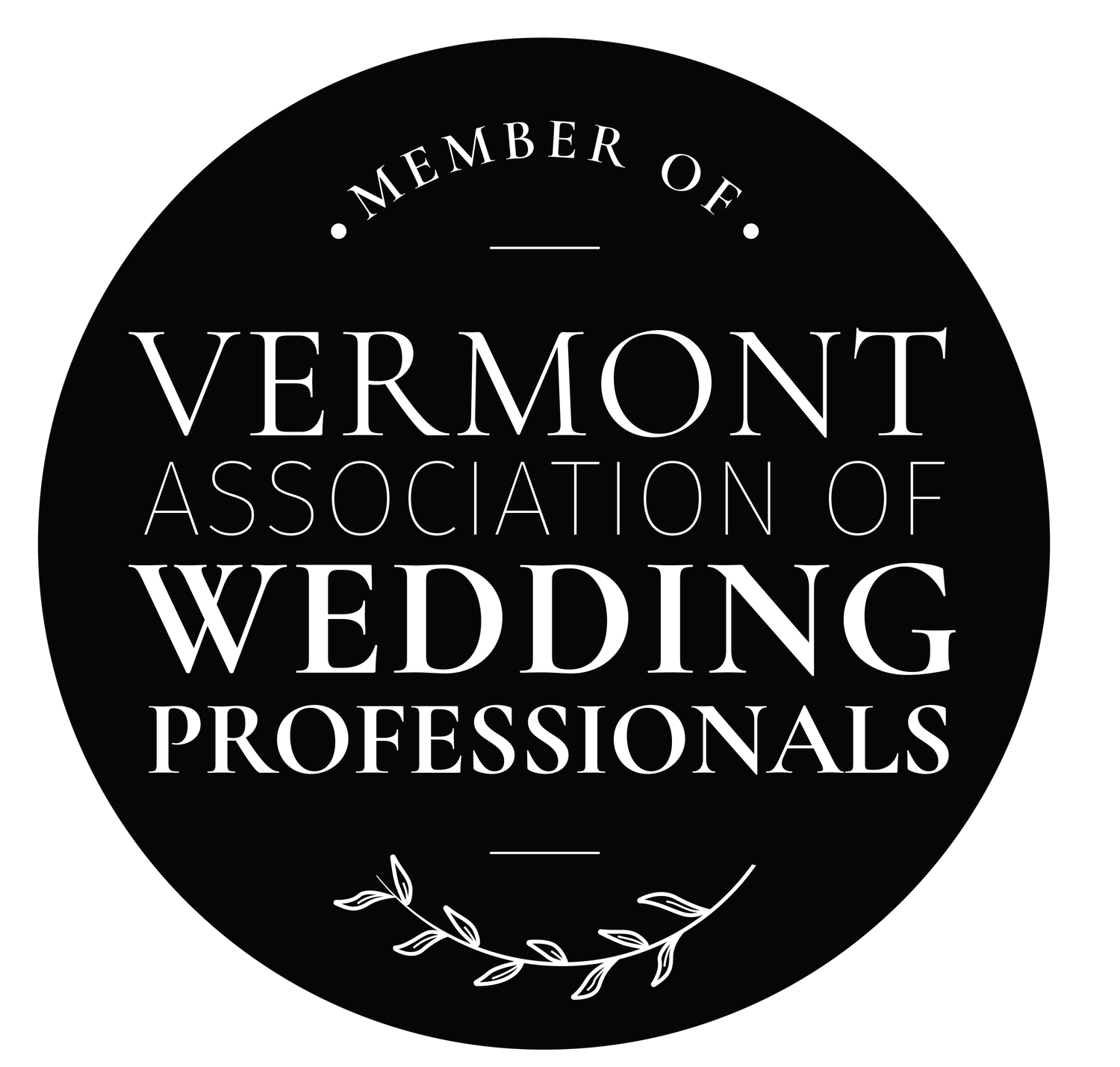 Black circular badge reading Member of Vermont Association of Wedding Professionals with decorative laurel.