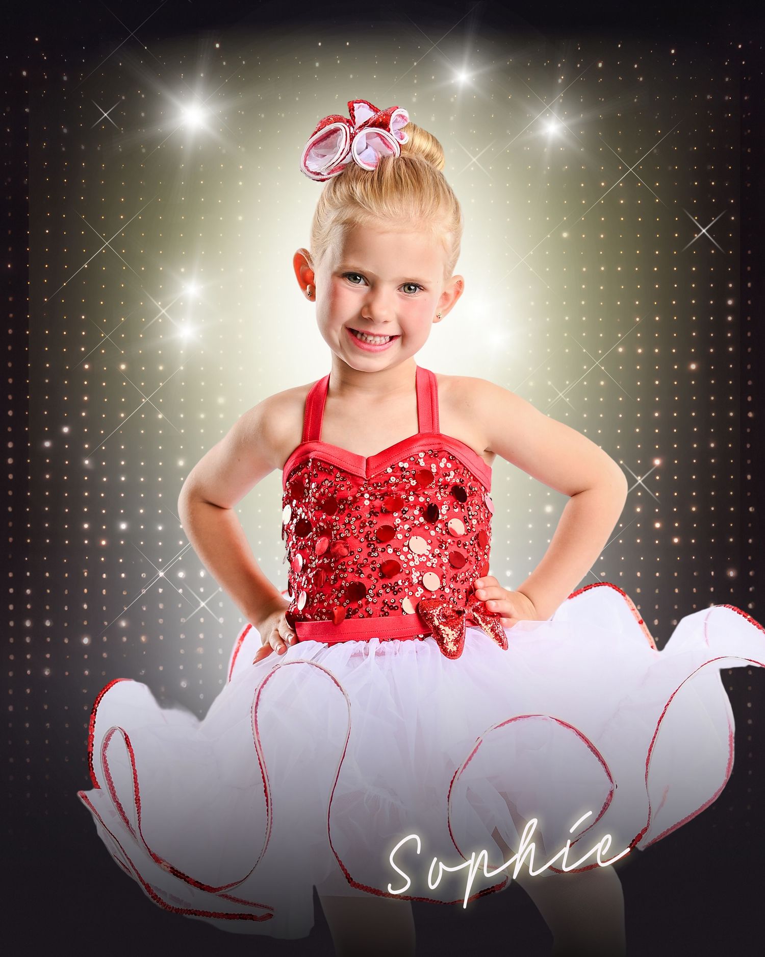 Young girl named Sophie in red sequin dance costume and white tutu poses confidently on sparkly stage backdrop.