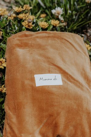 Brown velvet gift bag labeled Mumma etc. resting among yellow daisy flowers outdoors.