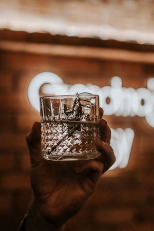 Hand holding a crystal rocks glass with herb garnish and ice, backlit by neon sign in moody bar.
