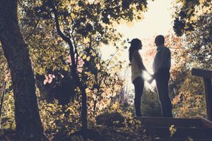 Silhouette of a couple holding hands facing each other in a sunlit autumn forest.
