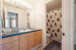 Bathroom with wood vanity, decorative tile accents, large mirror, and shower with floral curtain.