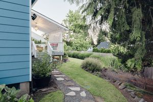 Lush backyard garden with stone path, blue house exterior, and mature evergreen trees.