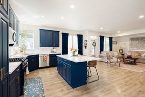 Modern kitchen with navy blue cabinets, white quartz island, stainless appliances, and open living area.