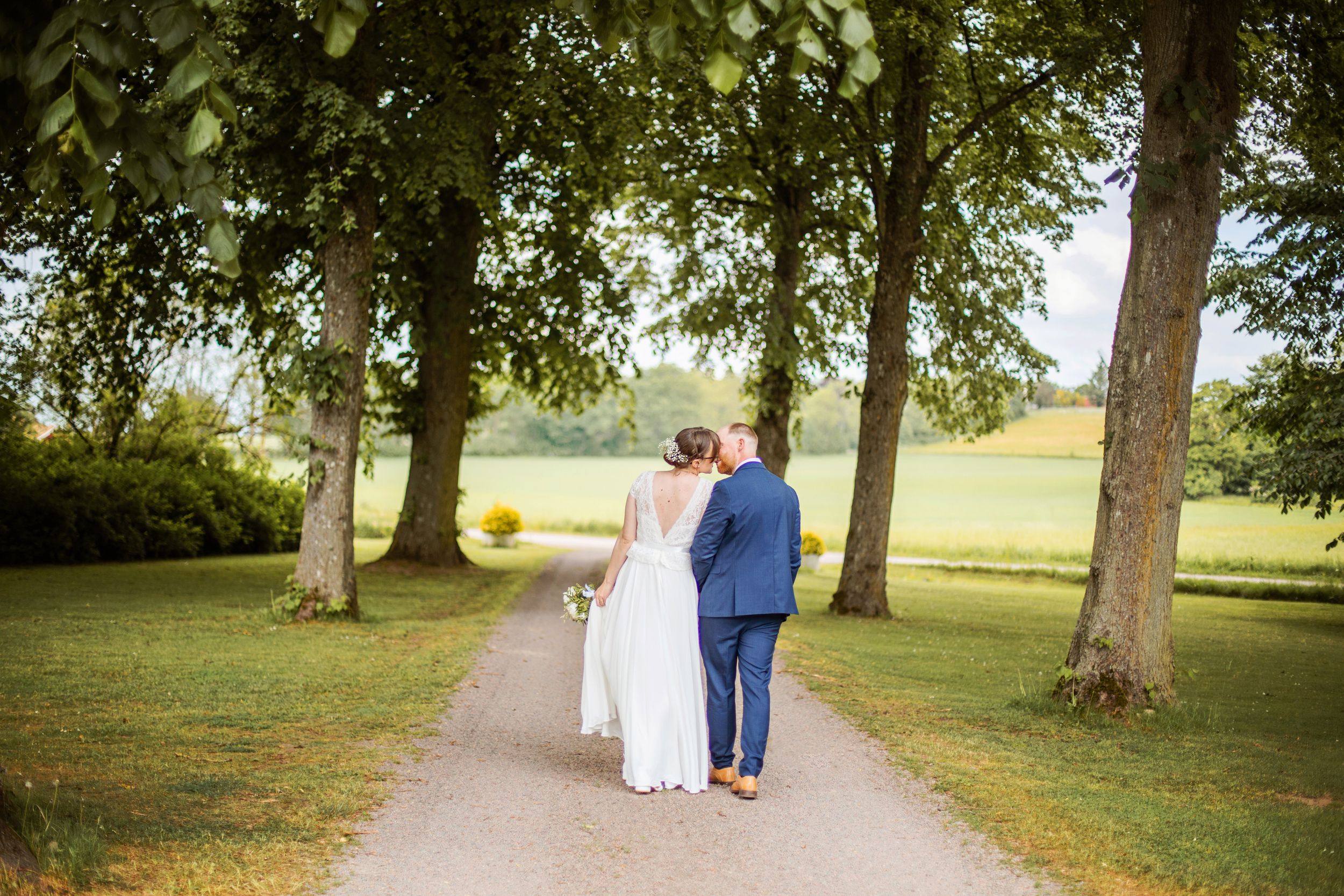Bride and groom walking hand in hand down a tree-lined path surrounded by lush green fields on their wedding day.