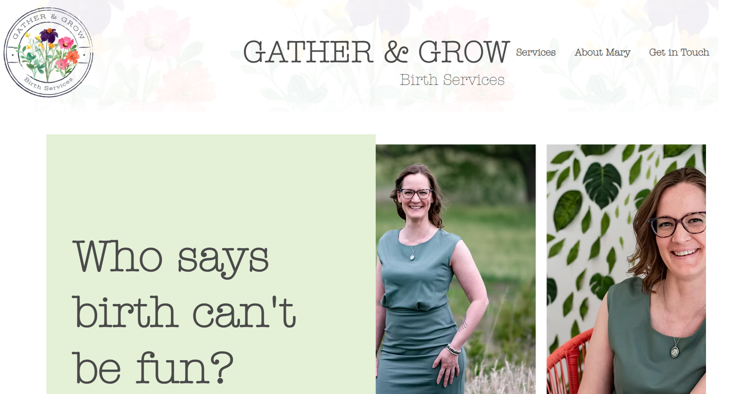 Gather and Grow birth services website featuring two smiling women, one in a teal dress outdoors and one near a floral wall.