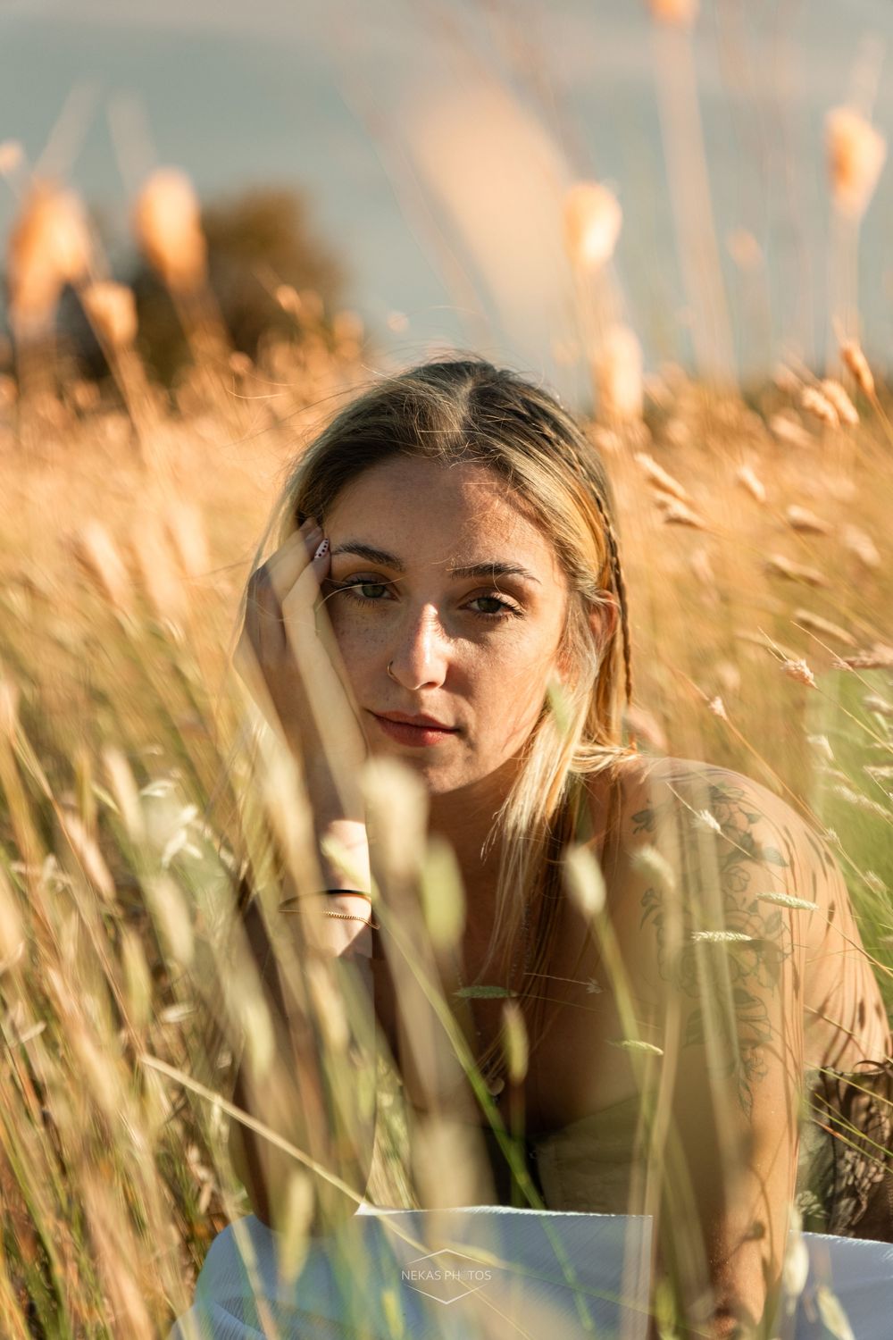 Woman with blonde hair sitting in golden wheat field, gazing at camera in warm sunset light.