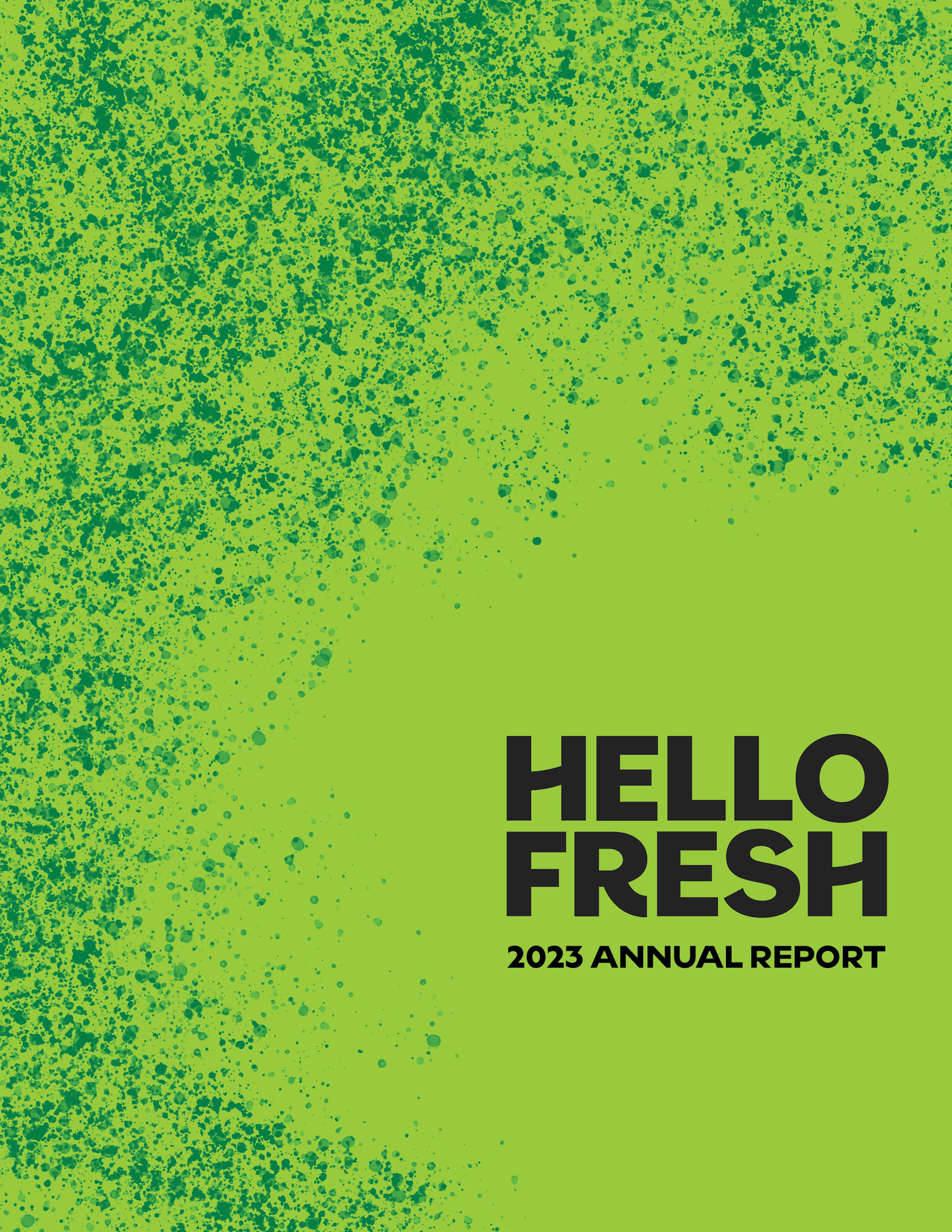 HelloFresh 2023 Annual Report cover featuring bold dark text on a vibrant lime green background with dark green speckled texture.