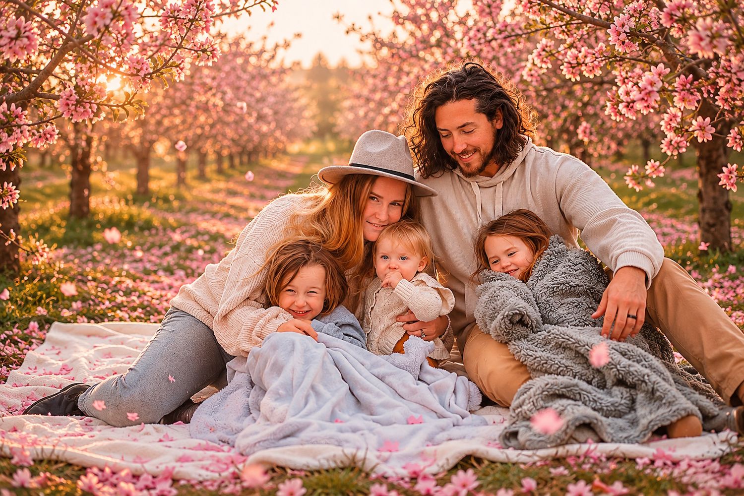 New Minas Family of five enjoying a spring picnic under blooming pink apple blossom trees on a sunny day.