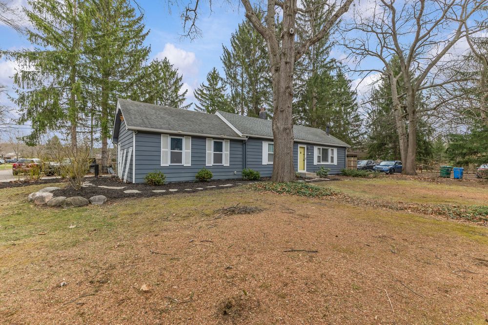 Blue ranch-style home with gray roof surrounded by tall evergreen trees on a spacious lawn.