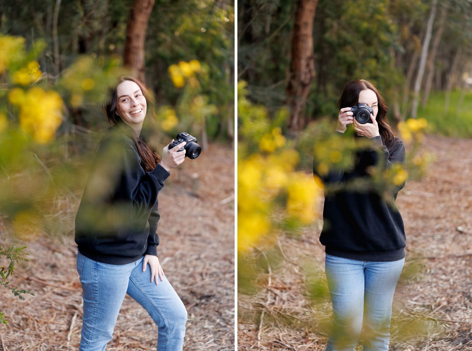 Photographer standing amongst spring blooms in Melbourne park