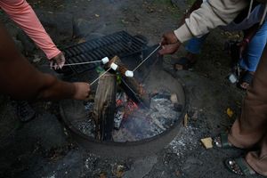 People roasting marshmallows over a campfire on metal skewers.