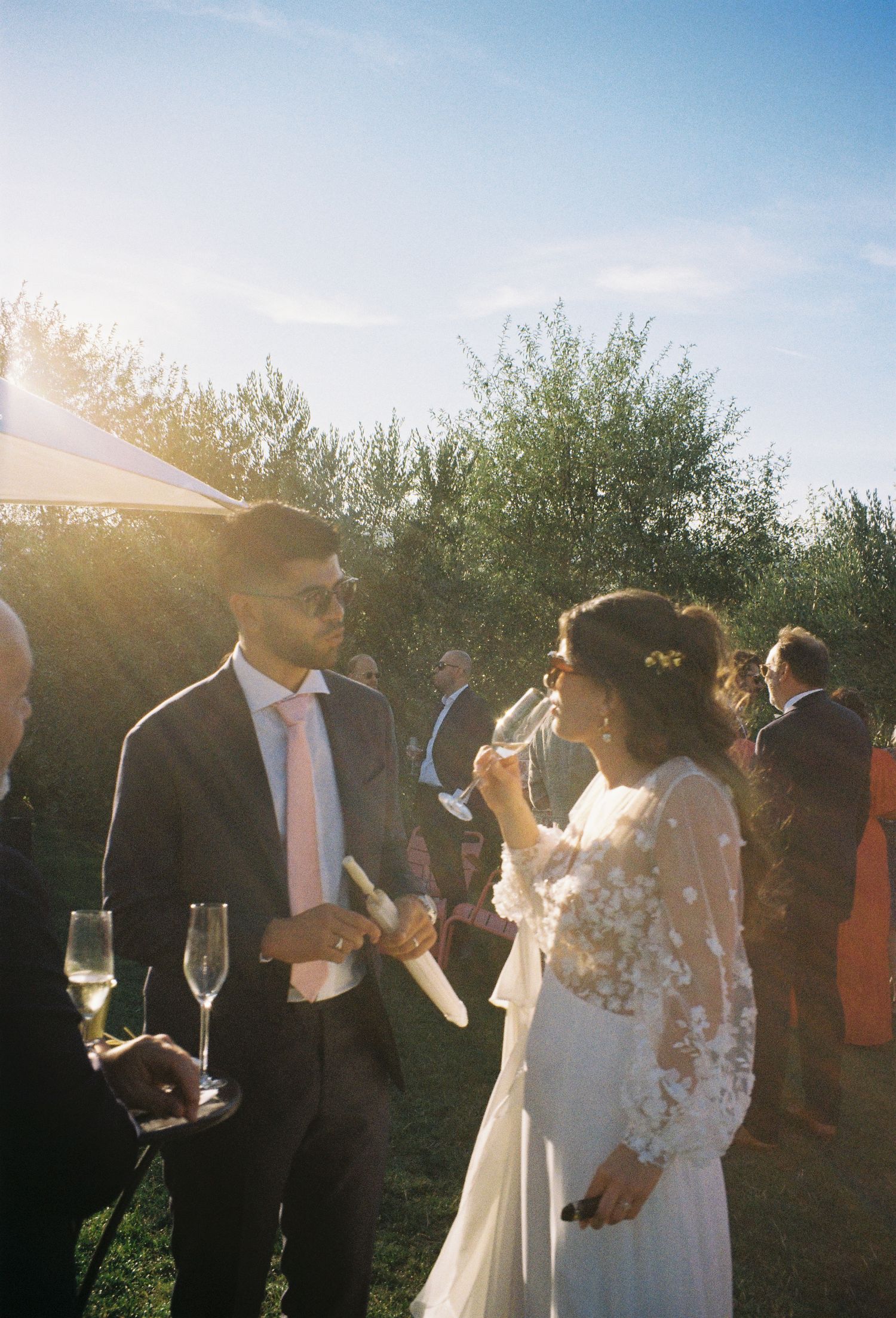 Bride and groom sipping champagne outdoors at a sunny wedding reception surrounded by lush greenery.